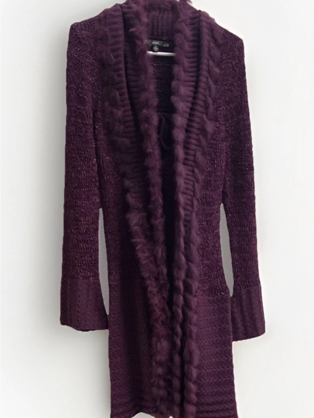 Sioni Purple Knit Duster Cardigan with Real Rabbit Fur Trim - Size S